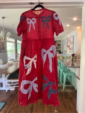Unlogical Poem Victorian Style Bow Applique Embroidered Red Ramie Dress
